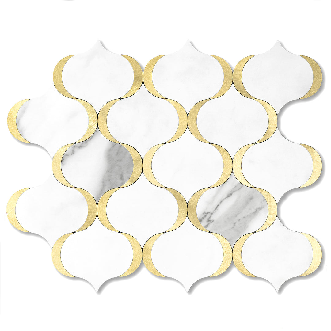 Marble White Mixed Metal Gold Arabesque Peel and Stick Tile