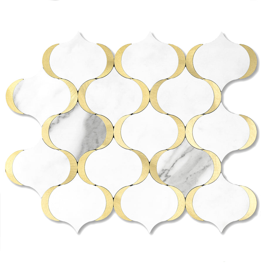 Marble White Mixed Metal Gold Arabesque Peel and Stick Tile
