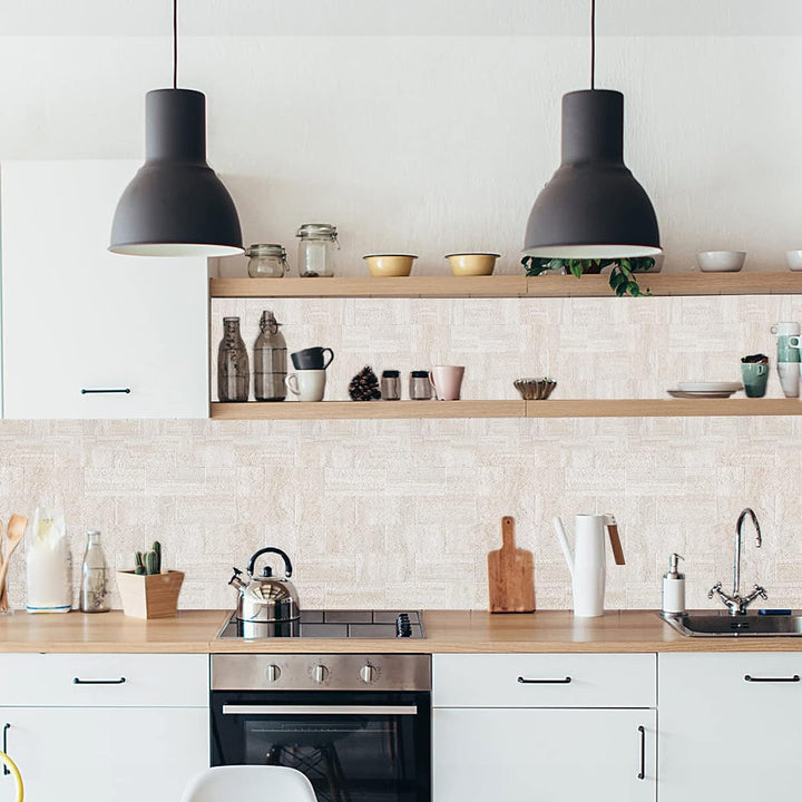 peel and stick wall tiles pvc mosaic in Sandstone Beige lifestyle image