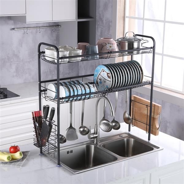 Stainless Steel Double Layer Kitchen Bowl Rack Shelf Black