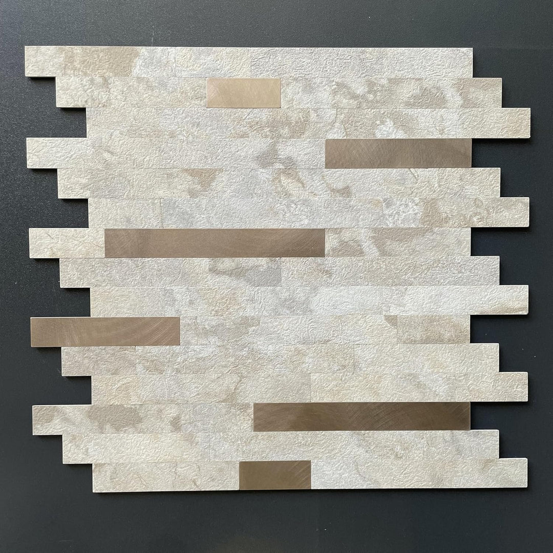 12" X 12" Ecru Peel and Stick Stone Backsplash Premium Linear Blend Tile