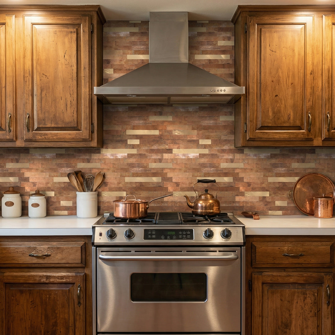 copper tile stick on kitchen