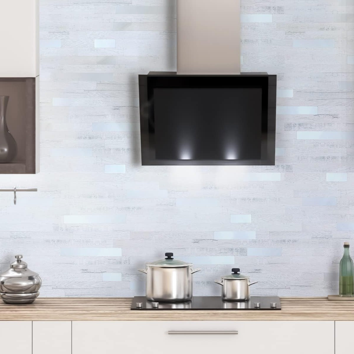 PVC stick on backsplash detail image Linear Blend in Teak Wood