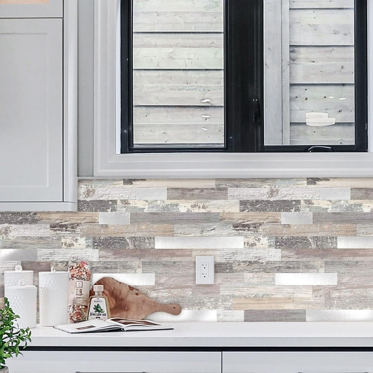 PVC tile backsplash life style image Linear Blend in Light Wood